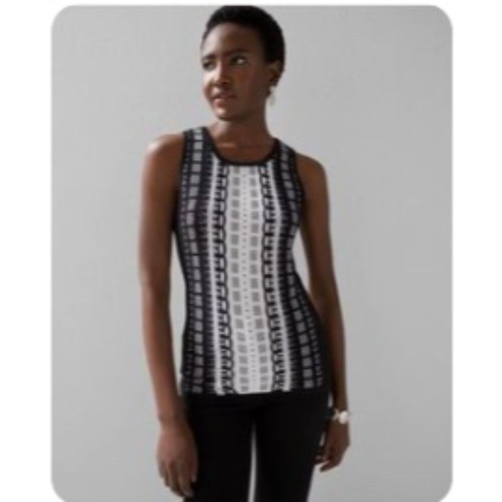 White House Black Market Black and White Patterned Scoop Neck Sweater Tank